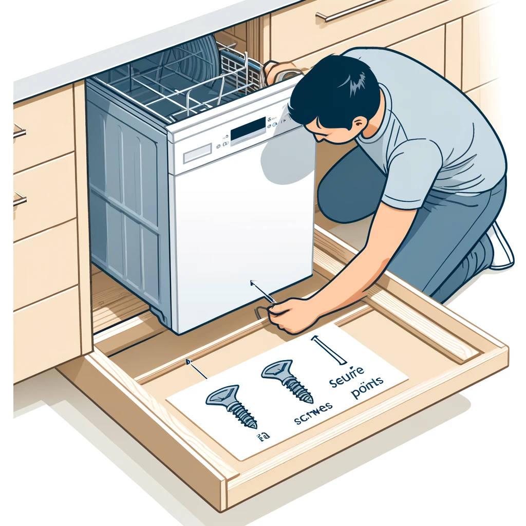 A Technician using screws to secure the dishwasher to the underside of the counter.